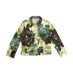 Chicos Womens Jacket‎ Blazer Green Floral Button Pockets Cotton Stretch Size 1